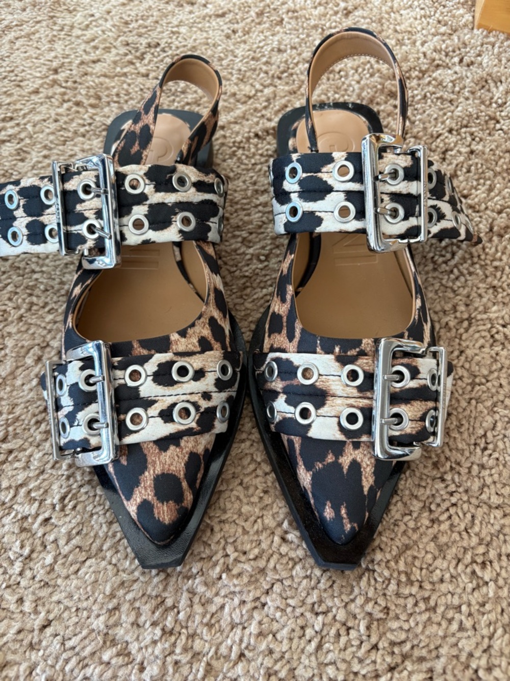 Ganni Leopard Print Pointed Slingback Flats with Silver Buckles